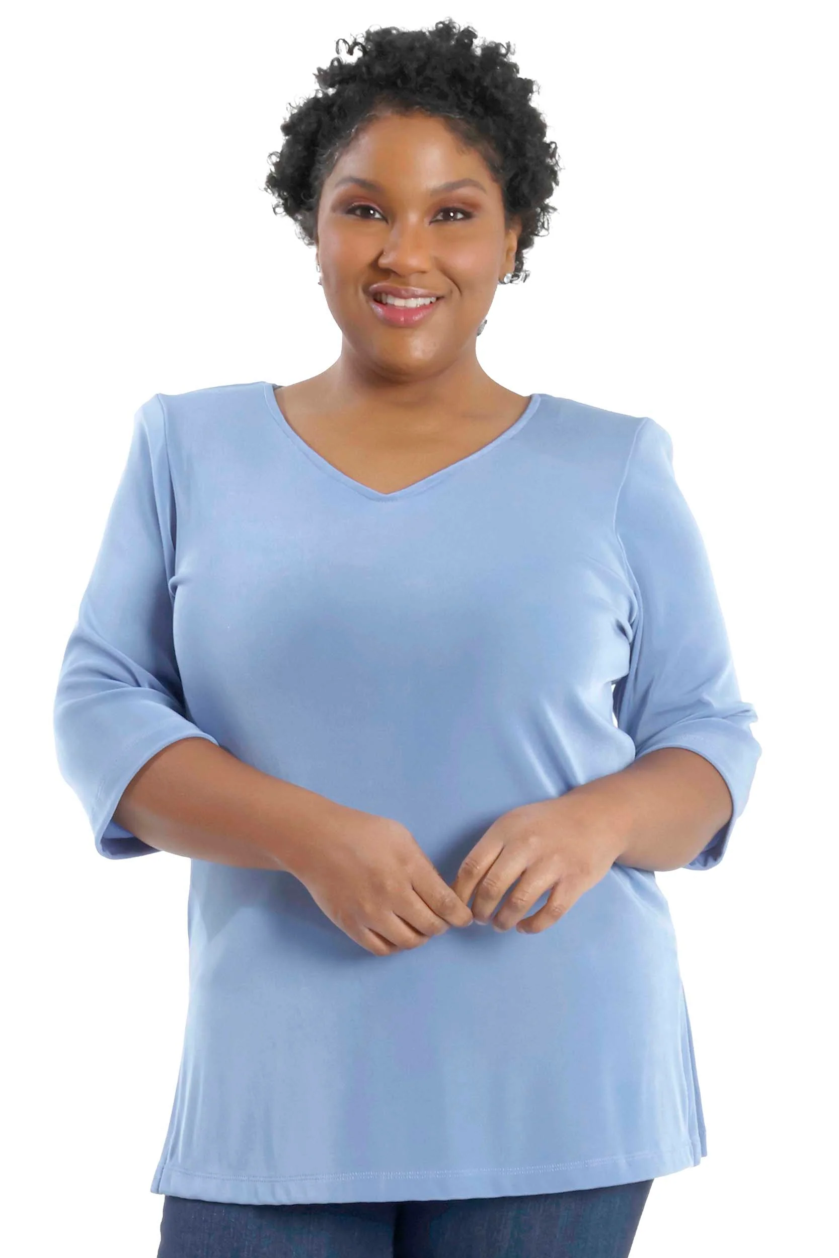 Vikki Vi Classic Powder Blue V-Neck 3/4 Sleeve Tunic - Image 3
