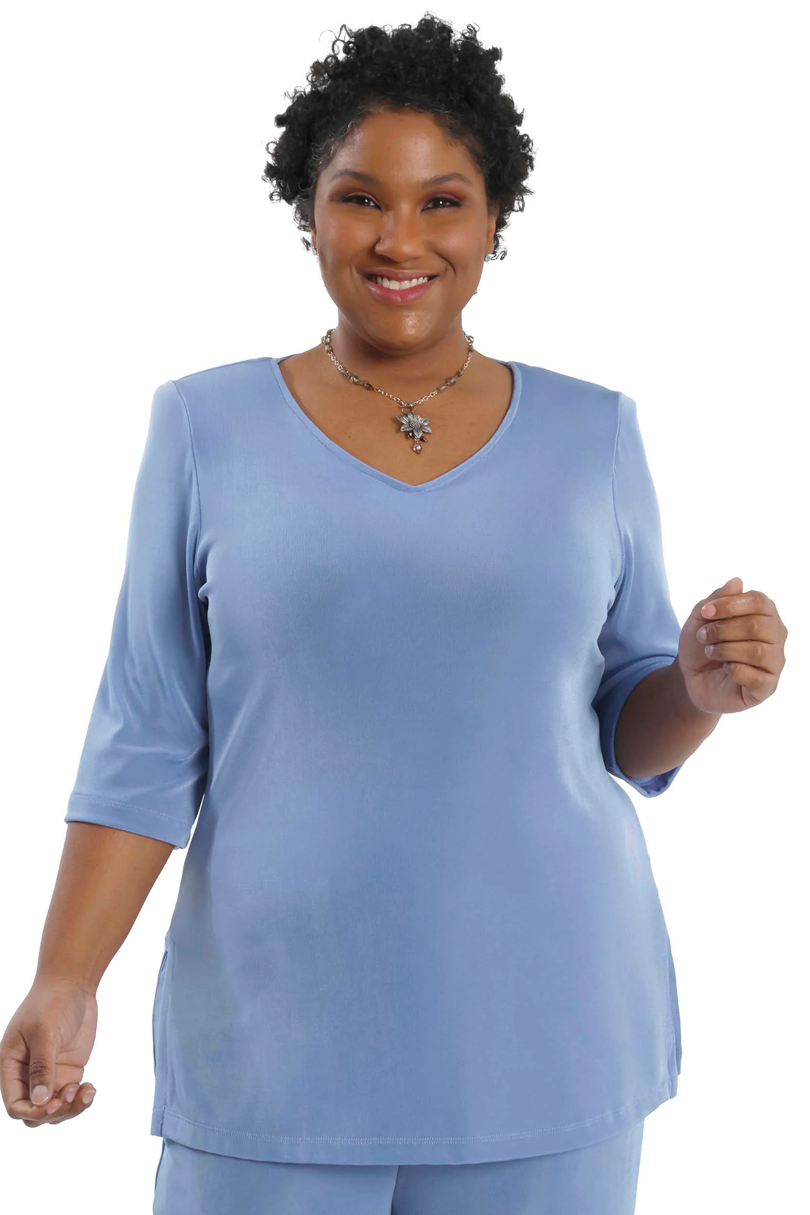 Vikki Vi Classic Powder Blue V-Neck 3/4 Sleeve Tunic - Image 4