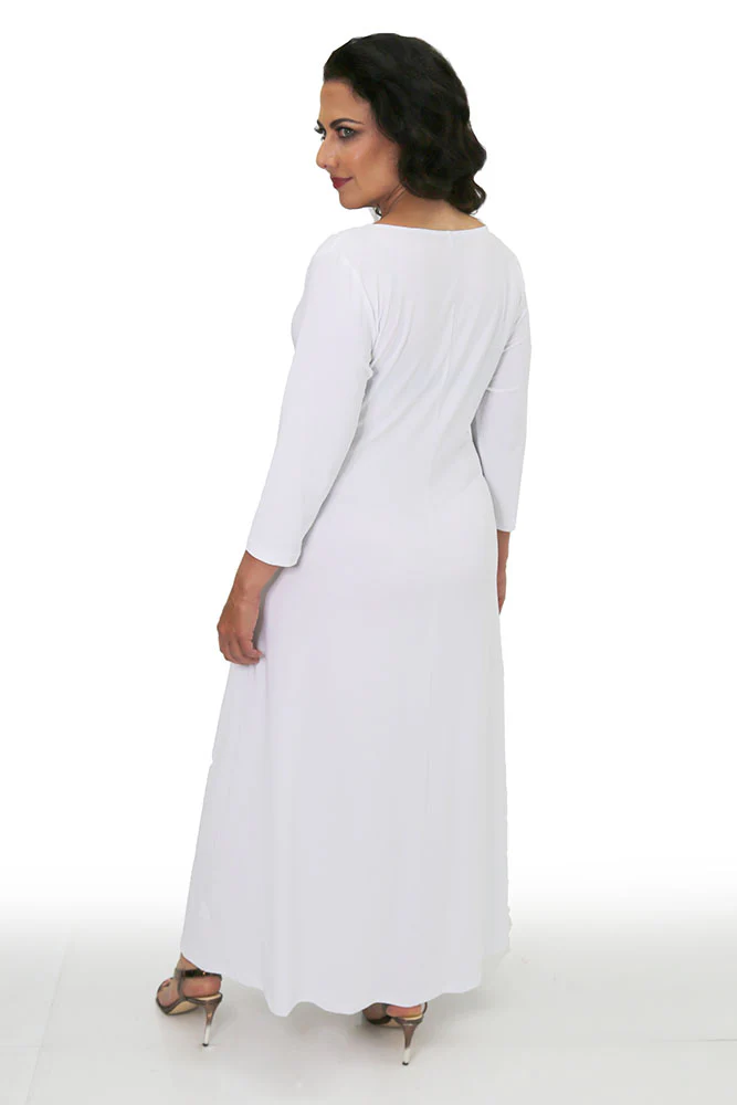 Vikki Vi Jersey White 3/4 Sleeve Faux Wrap Maxi Dress - Image 3